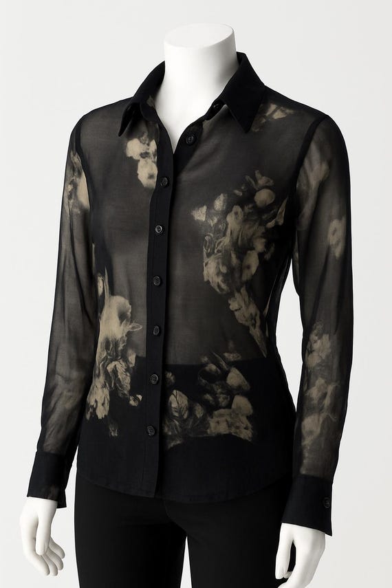 Vintage ladies 90's Italian silk floral transparent mesh button down top shirt.