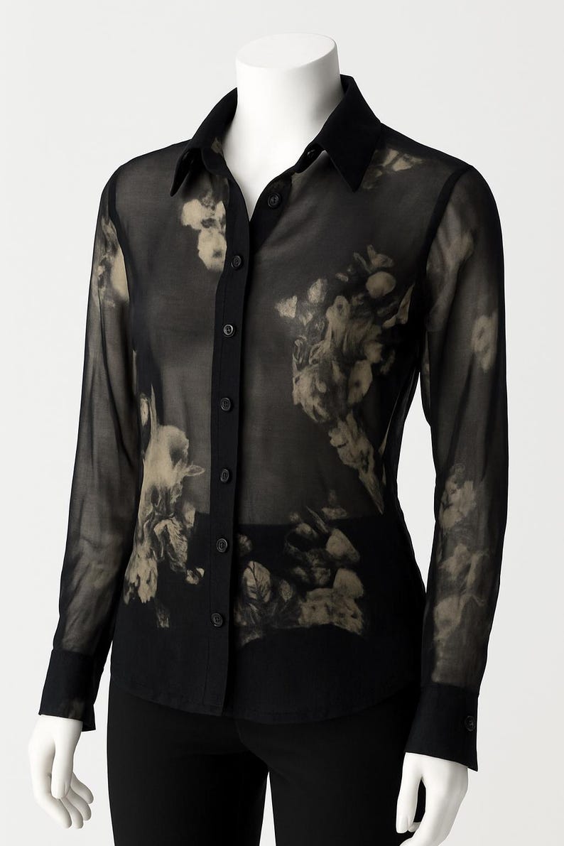 Vintage ladies 90's Italian silk floral transparent mesh button down top shirt. image 1