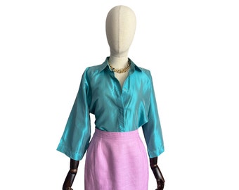 90s MAX MARA Iridescent Silk Button-Down Shirt: Designer Chiffon Top