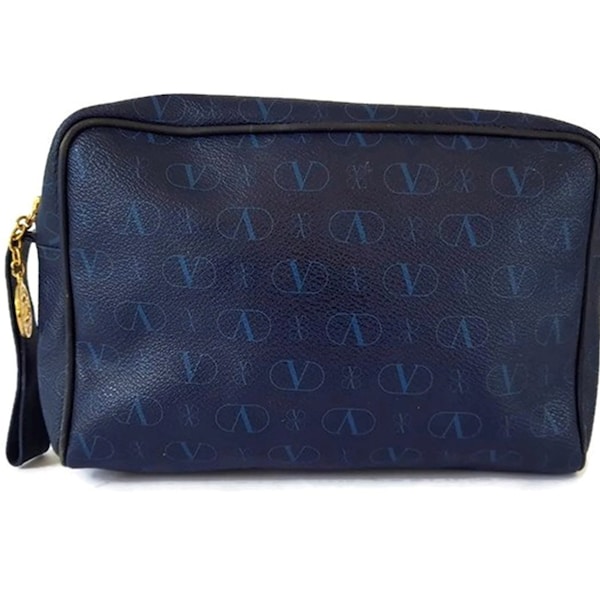 VALENTINO GARAVANI 90's PVC logo blue leather beauty case hand clutch, Italian designer purse