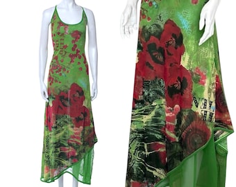 Vintage Save The Queen mesh maxi dress. Green Red Floral Asymmetrical Italian designer y2k dress.