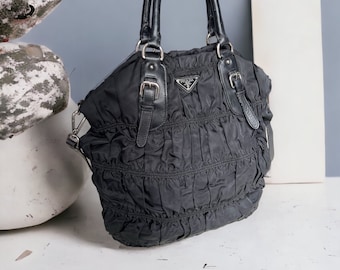 PRADA Gaufre ruched tessuti black extra large shoulder bag. Italian designer woman bag.