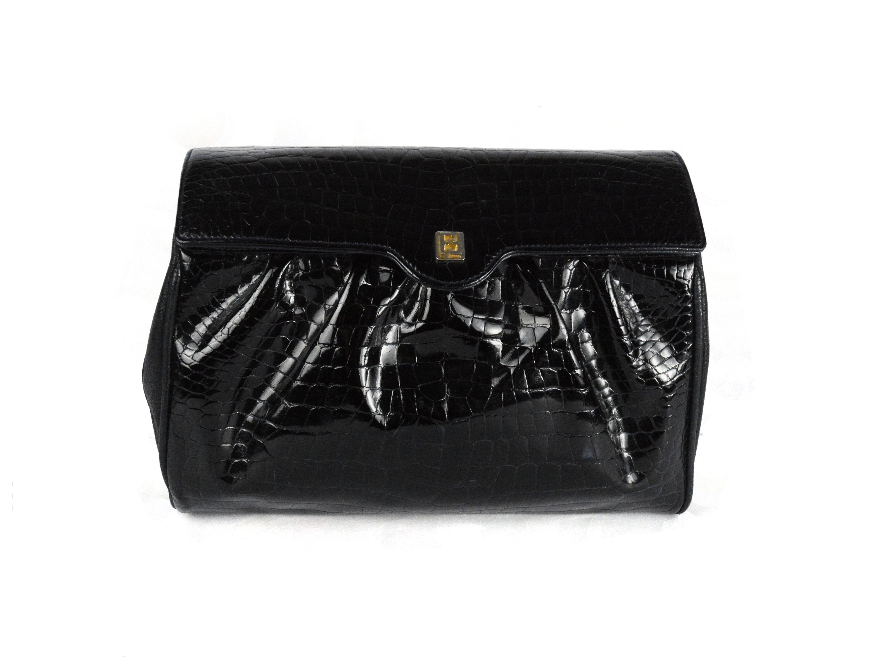 バッグ FENDI black leather clutch bag Vintage FENDI 60's Black Crock Leather Clutch: Italian Designer
