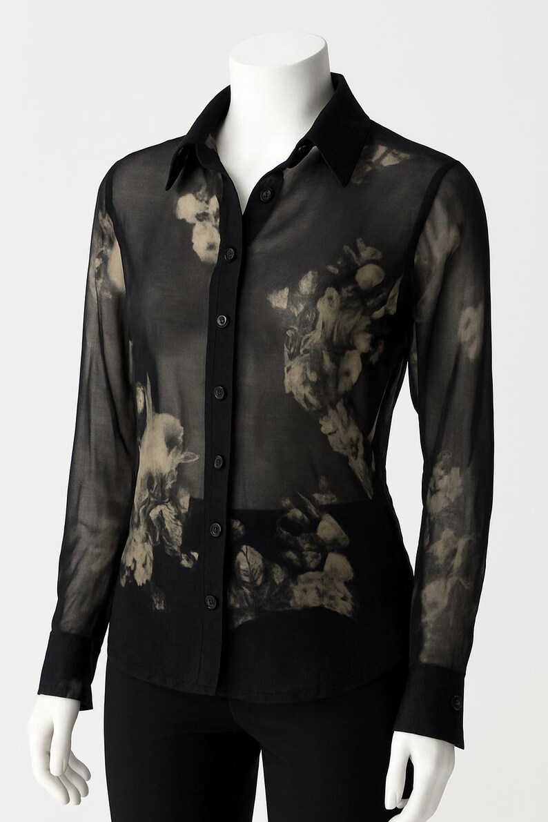 Vintage ladies 90's Italian silk floral transparent mesh button down top shirt. image 2