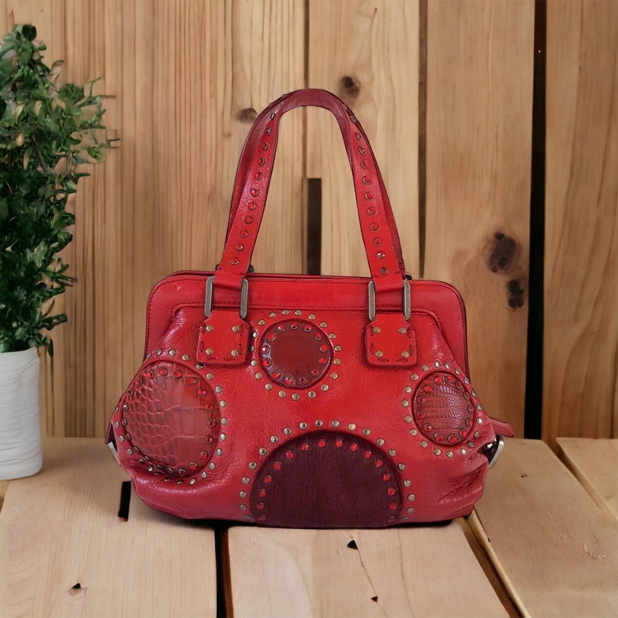 Francesco Biasia Red Leather Top Handle Bag: Embellished Italian