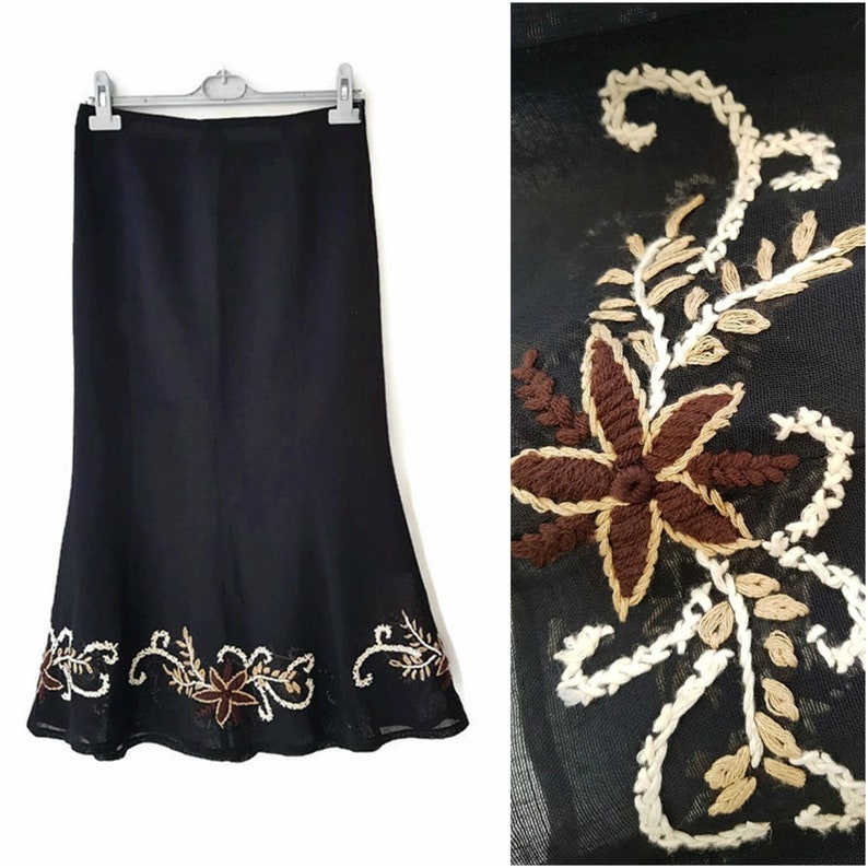 Italian designer skirt Medium 90/'s W LES FEMMES by Babylon woman fishtail transparent flower crochet ladies black skirt
