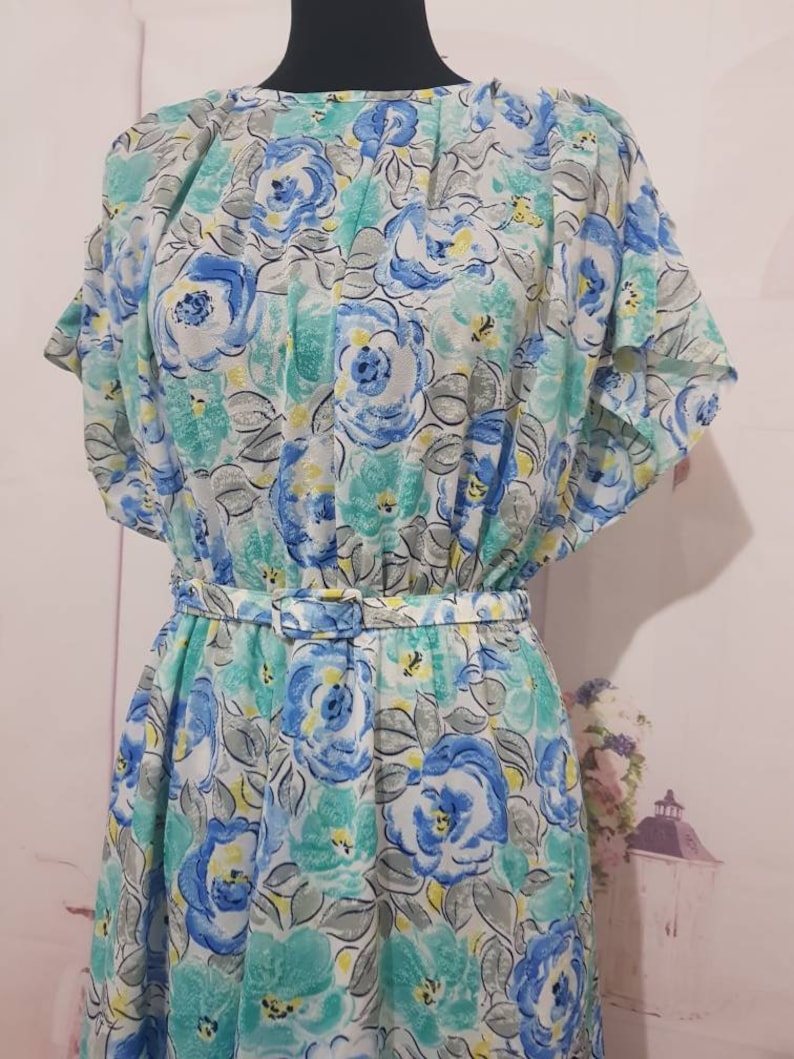 Day dress Sun dress. Ladies 50/'s floral design novelty print baby blue blue roses ruffle matching belt dropped sleeve dress