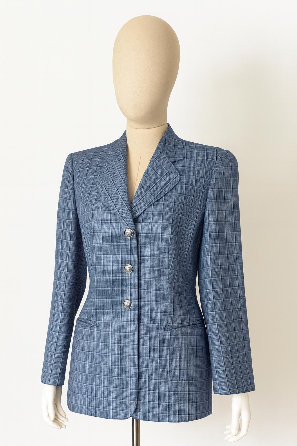 Vintage ESCADA Blue Plaid Wool Silk Blazer - Margaretha Ley - Size