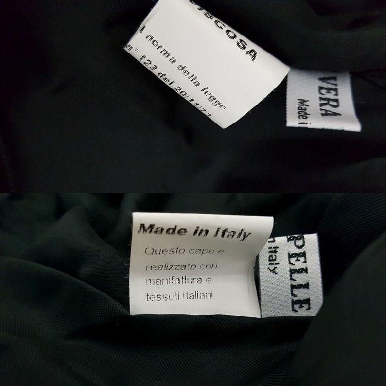 K&ouml;nnte beinhalten: Ein schwarz-wei&szlig;es Etikett mit dem Text "Made in Italy" und dem Text "Questo capo e realizzato con manifattura e tessuti italiani" in Italienisch. Das Etikett ist an einem dunkelgr&uuml;nen Stoff befestigt.