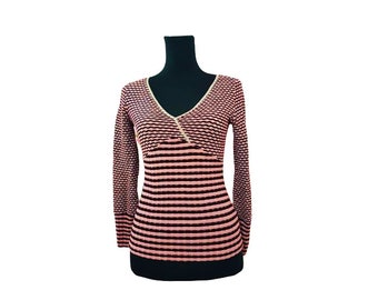 Sale! MISSONI V-neck ladies pink stripped cotton long sleeve stretchy lolita top, italian designer knit top- us 6, uk 10, eu 36