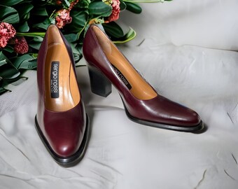 Sergio Rossi Burgundy Leather Pumps With Black Wooden Heel (EU 36