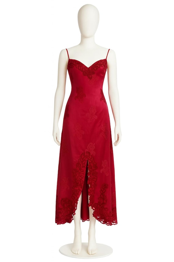 la perla red dress La Perla Cherry Red Crochet Floral Dress: Spaghetti Strap, Front Slit