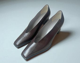 Zapatos vintage Peter Kaiser de piel marrón / Zapatos de tacón cuadrado con punta cuadrada / Zapatos de vestir minimalistas de tacón medio de los años 90