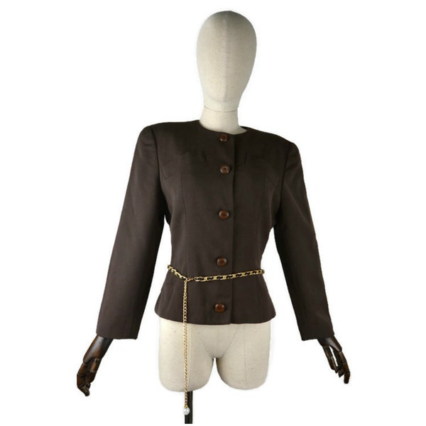 CHRISTIAN DIOR woman 1970's waist fit shoulder pad brown jacket, Italian designer jacket.