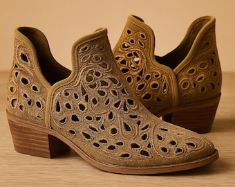 Vintage crochet style Ankle Boots: Embroidered Paisley Cutout Boho Booties