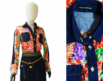 DOLCE AND GABBANA silk fruit prints denim front button shirt. Designers ladies top!
