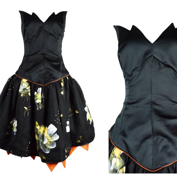 HAUTE COUTURE German vintage hand painted black corset, gothic style sweetheart dress. Prom dress.