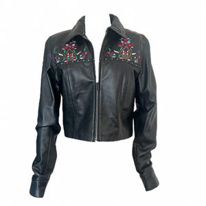 Veste courte en cuir noir brodée de fleurs douces et légères vintage KENZO JUNGLE.