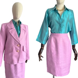 YVES SAINT LAURENT 80er Jahre rive gauche schweres Leinenset aus hellviolettem Minirock und Blazeranzug. Designer Zweiteiler Set.
