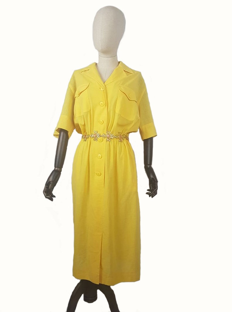 Ladies designer dress Vintage 80/'s Caroline Rohmer ladies yello front button waist elasticated front pockets dress