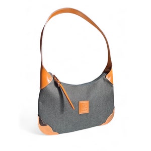 PIERO GUIDI black denim brown leather strap and bronxe metallic bottom ladies small hobo bag. Dust Bag. Italian designer bag.