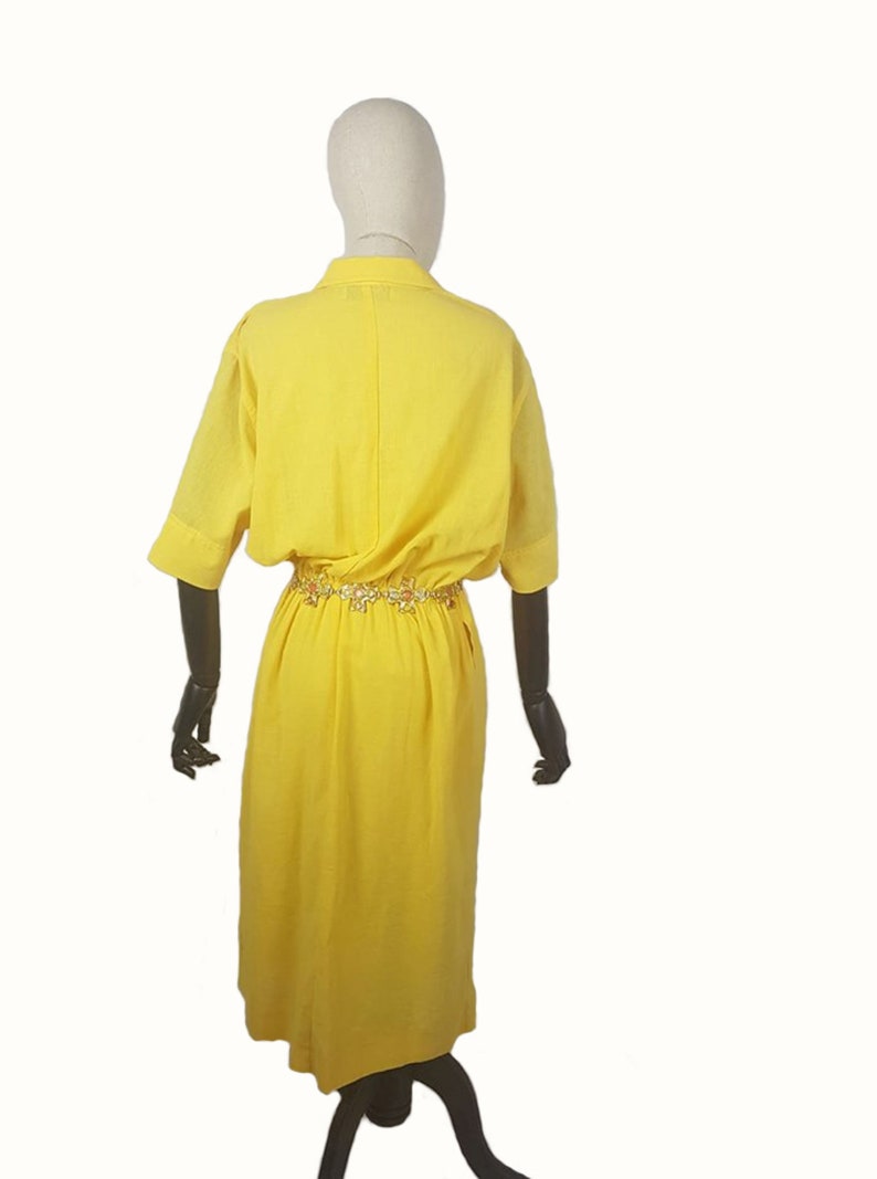 Ladies designer dress Vintage 80/'s Caroline Rohmer ladies yello front button waist elasticated front pockets dress