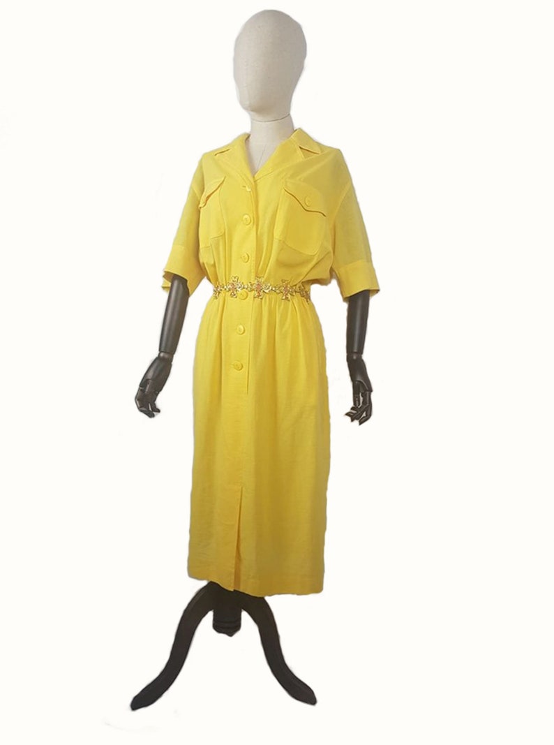 Ladies designer dress Vintage 80/'s Caroline Rohmer ladies yello front button waist elasticated front pockets dress