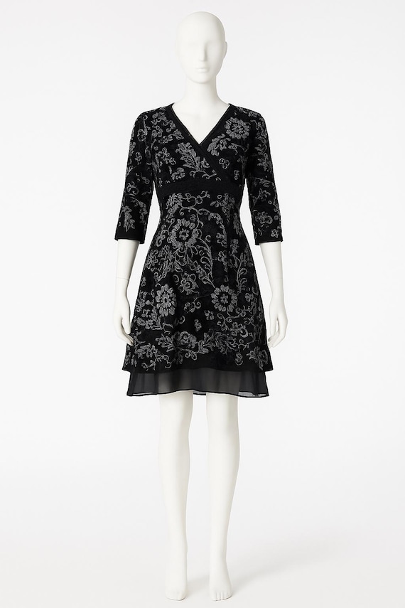 John Galliano, GALLIANO black floral lace mesh playful 3/4 sleeve dress, designer dress. John Galliano dress. -M