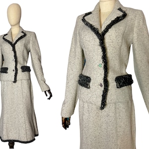 JC de CASTELBAJAC vintage wool tweet style jacket and skirt gray tassels two piece set. M
