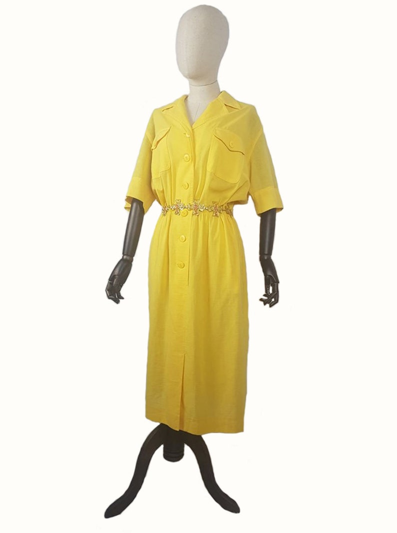 Ladies designer dress Vintage 80/'s Caroline Rohmer ladies yello front button waist elasticated front pockets dress