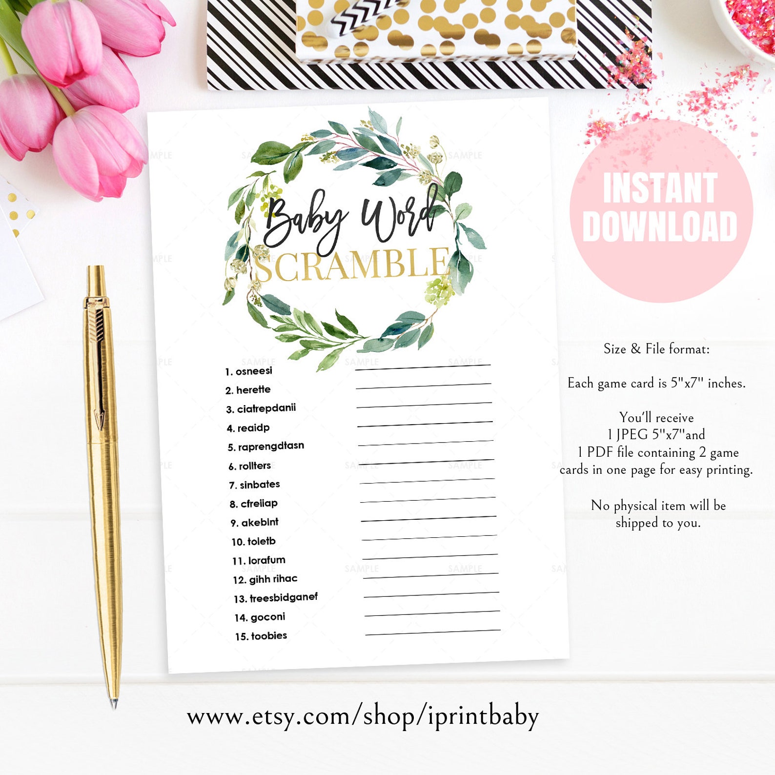 Greenery Baby Shower Game BUNDLE Baby Shower Game Set Package Etsy