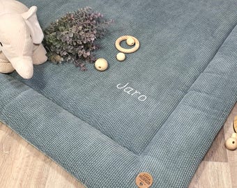 Tappetino per gattonare CORD, inserto per box, coperta per bambini, tappetino da gioco personalizzabile con nome, VERDE FORESTA, PETROLIO