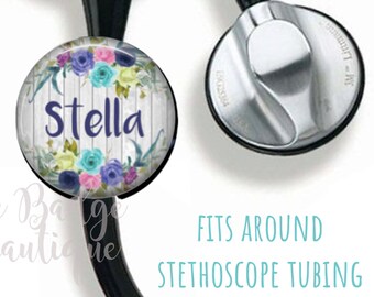 Rustic Nurse Stethoscope ID Tag, Custom Initial Stethoscope ID Holder, Floral Wood Steth, Steth Tubing ID Holder, Fits Littman Steth