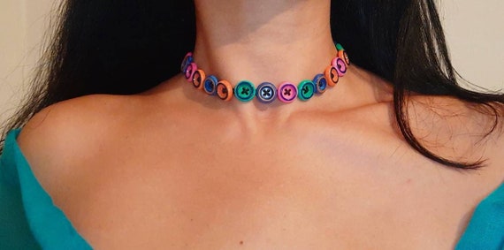 Handmade Multicolor Button Necklace, Adjustable Choker Bracelet - Etsy