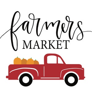 May include: A red pickup truck with a white bed, carrying a load of orange pumpkins. The truck has black wheels and a black interior. The text "farmers market" is written in black cursive above the truck.
