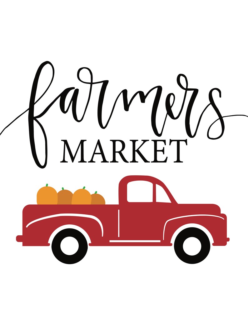 May include: A red pickup truck with a white bed, carrying a load of orange pumpkins. The truck has black wheels and a black interior. The text "farmers market" is written in black cursive above the truck.
