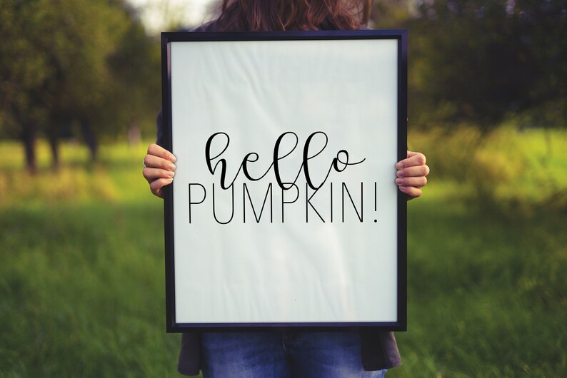 May include: A person holding a white framed sign with the text "hello pumpkin!" written in black cursive font.