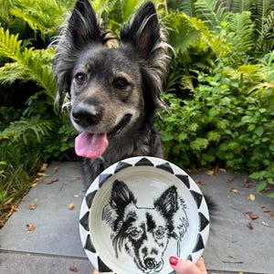 Op de afbeelding: Een keramische hondenvoerbak met een zwart-wit illustratie van een hondengezicht. De kom heeft een witte achtergrond met een zwarte geometrische rand. Een hond met zwart en grijs haar is op de achtergrond te zien.