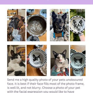Op de afbeelding: Een promotieafbeelding met de tekst "Send A Photo" boven een collage van huisdierportretten en gepersonaliseerde huisdierschalen. De schalen tonen zwart-witte tekeningen van honden en katten. De tekst moedigt klanten aan om foto's in te sturen.
