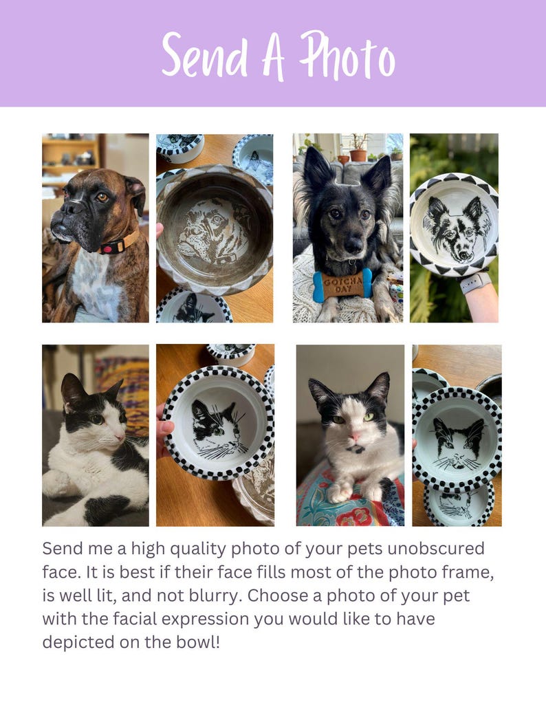 Op de afbeelding: Een promotieafbeelding met de tekst "Send A Photo" boven een collage van huisdierportretten en gepersonaliseerde huisdierschalen. De schalen tonen zwart-witte tekeningen van honden en katten. De tekst moedigt klanten aan om foto's in te sturen.