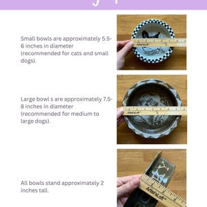 Op de afbeelding: Afbeelding met maatopties voor keramische dierenvoerbakken. Kleine kommen zijn 14-15 cm in diameter, grote kommen zijn 19-20 cm in diameter en alle kommen zijn ongeveer 5 cm hoog. De kommen zijn handgemaakt en hebben unieke ontwerpen.