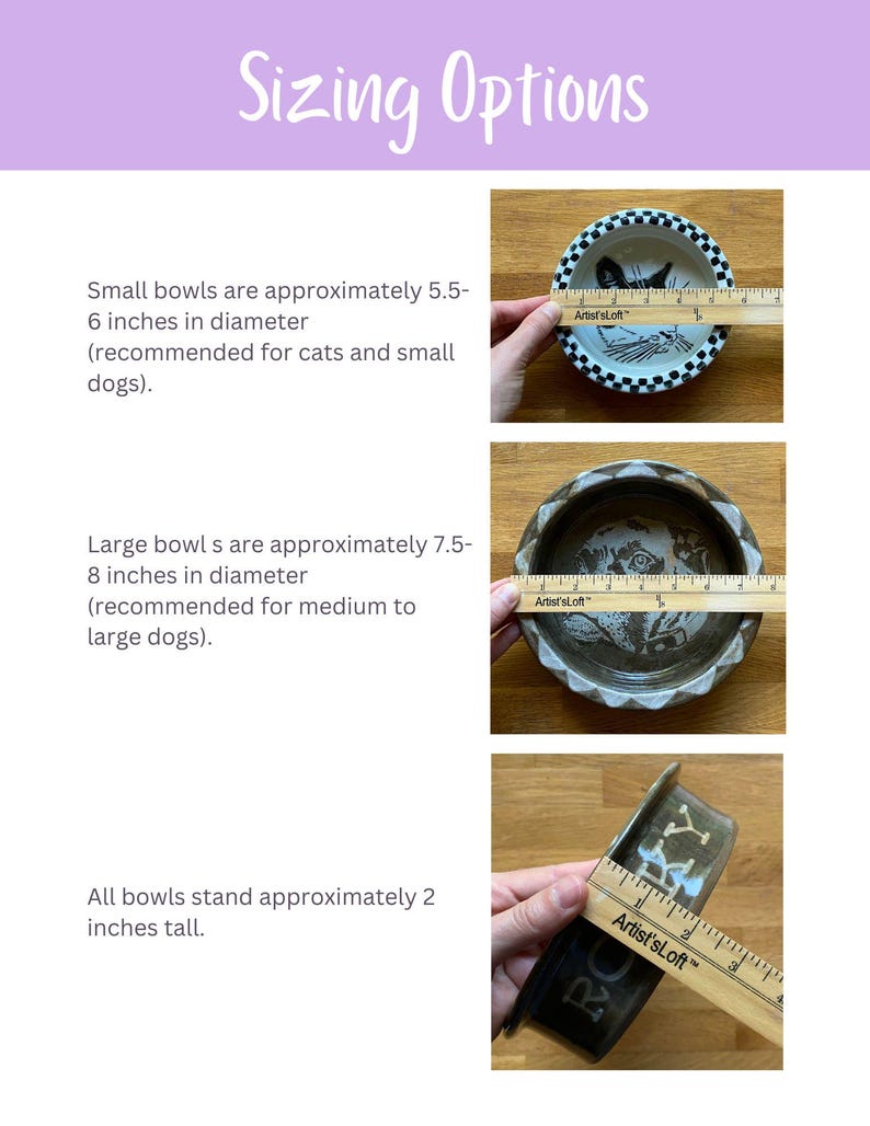 Op de afbeelding: Afbeelding met maatopties voor keramische dierenvoerbakken. Kleine kommen zijn 14-15 cm in diameter, grote kommen zijn 19-20 cm in diameter en alle kommen zijn ongeveer 5 cm hoog. De kommen zijn handgemaakt en hebben unieke ontwerpen.