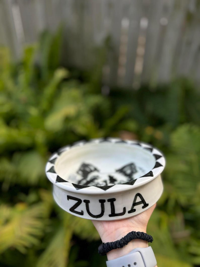 Op de afbeelding: Een witte keramische voerbak voor huisdieren met een zwart geometrisch ontwerp rond de rand en binnenkant. De naam "ZULA" staat in zwarte blokletters op de zijkant. De kom wordt tegen een vage groene achtergrond gehouden.