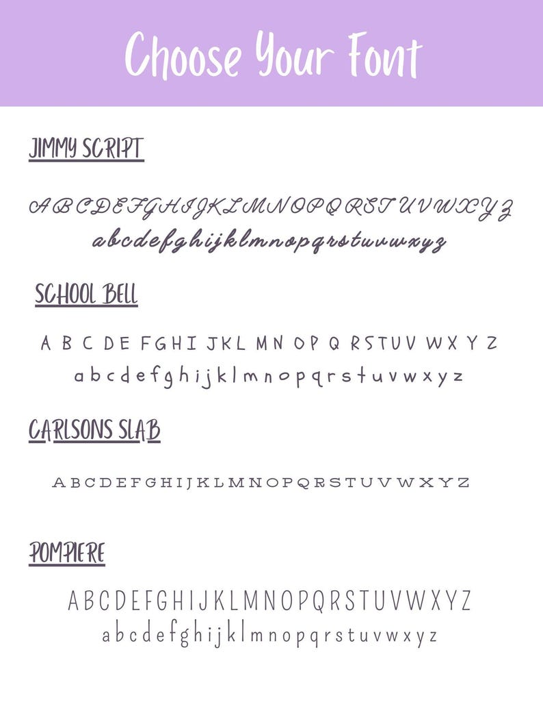Op de afbeelding: Een witte achtergrond met de tekst "Choose Your Font" in een paarse banner. De afbeelding toont vier verschillende lettertypen: Jimmy Script, School Bell, Carlsons Slab en Pompiere, elk met het alfabet in hoofdletters en kleine letters.