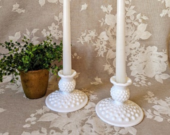 Set of 2 Vintage Milk Glass Hobnail Candleholders Taper Candle Holder Pair White Wedding Candlestick Holders Milk Glass Wedding Table Decor