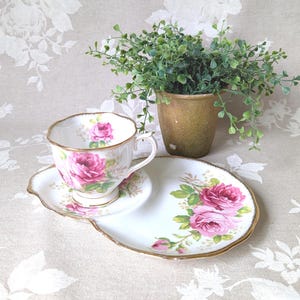 Vintage Royal Albert American Beauty Fine Bone China Teacup with Matching Hostess Luncheon or Snack Plate, Pink Rose Teacup Dessert Plate
