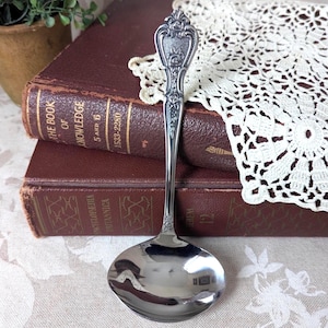 May include: A silver ladle with an ornate handle, featuring a decorative crest design. The ladle's bowl is round and reflective. The background includes antique books and a white lace doily, suggesting a vintage aesthetic.