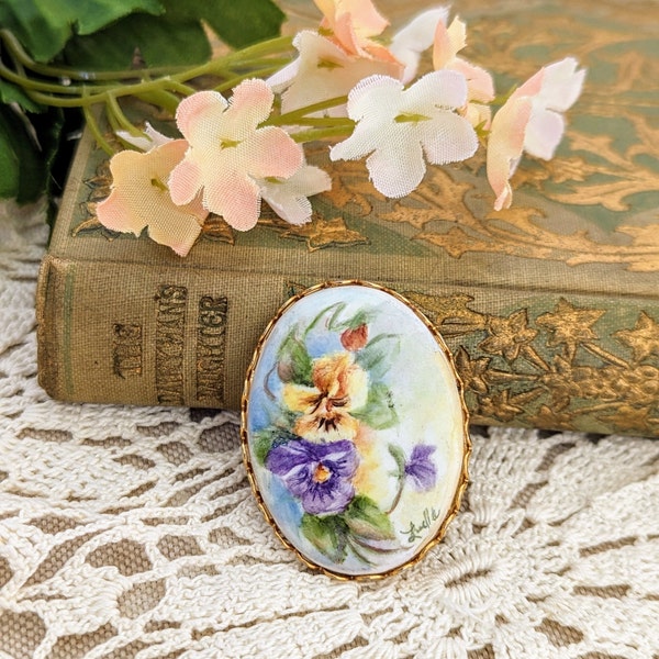 Vintage Porcelain Brooch with Hand Painted Purple and Yellow Flower Antique Estate Jewelry Vintage Pin Painted Floral Brooch Vintage Jewelry