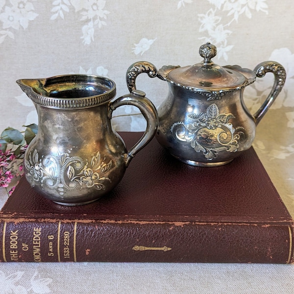 Antique Unpolished Silverplate Creamer and Lidded Sugar Bowl Acme Silverplate and Forbes Silver 1800's Tarnished Silver Serving Pieces