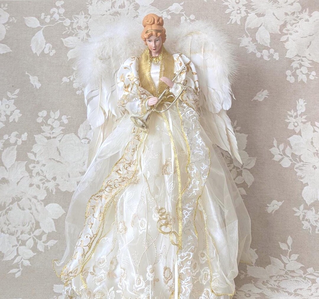 Tall Victorian Angel Tree Topper Feather Wings White Embroidered Dress tall-victorian-angel-tree-topper-feather-wings-white-embroidered-dress